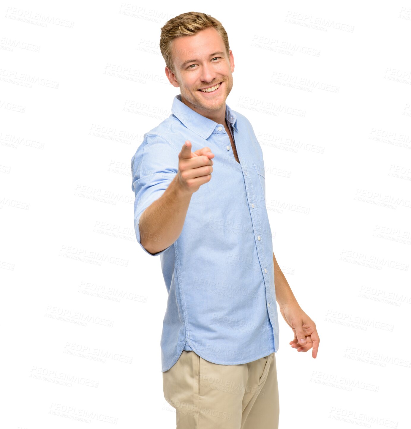 Buy stock photo Smile, pointing and you, portrait of man isolated on transparent png background and motivation for recruitment business. Happiness, promotion and businessman, offer or announcement for hiring choice.