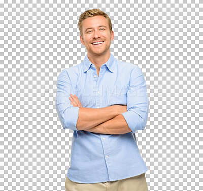 Buy stock photo Happy, confidence and portrait of man with crossed arms on png, isolated and transparent background. Fashion, confident and male person with smile for positive mindset, happiness and trendy style