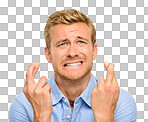 PNG of a handsome young man standing alone in the studio and feeling nervous while crossing his fingers