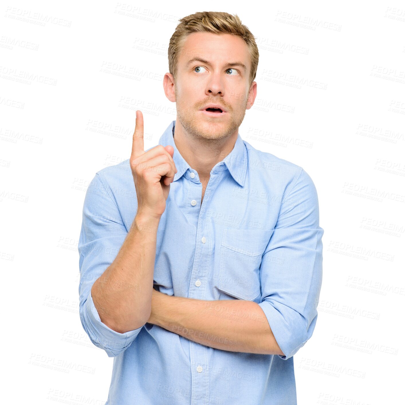 Buy stock photo Thinking, solution or man with ideas for problem solving isolated on transparent PNG background. Remember, strategy or face of thoughtful person wondering or planning decisions, options or choices