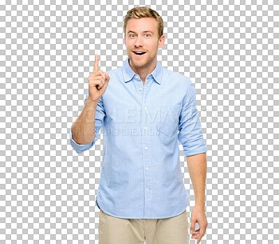Buy stock photo Man, finger or surprise with idea for solution standing isolated on a transparent PNG background. Portrait of surprised male person, guy or model pointing with gesture to answer, question or remember