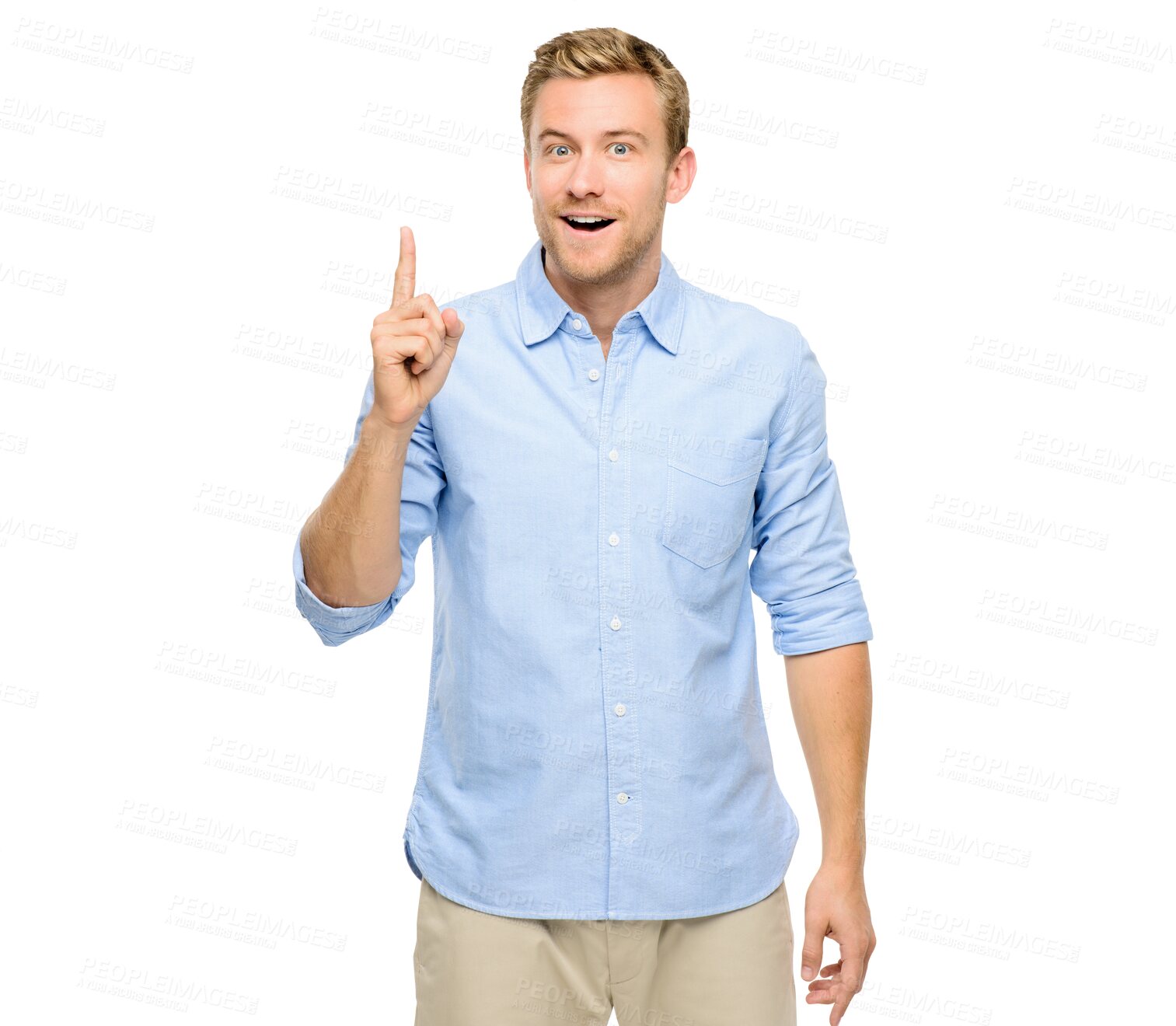 Buy stock photo Man, finger or surprise with idea for solution standing isolated on a transparent PNG background. Portrait of surprised male person, guy or model pointing with gesture to answer, question or remember