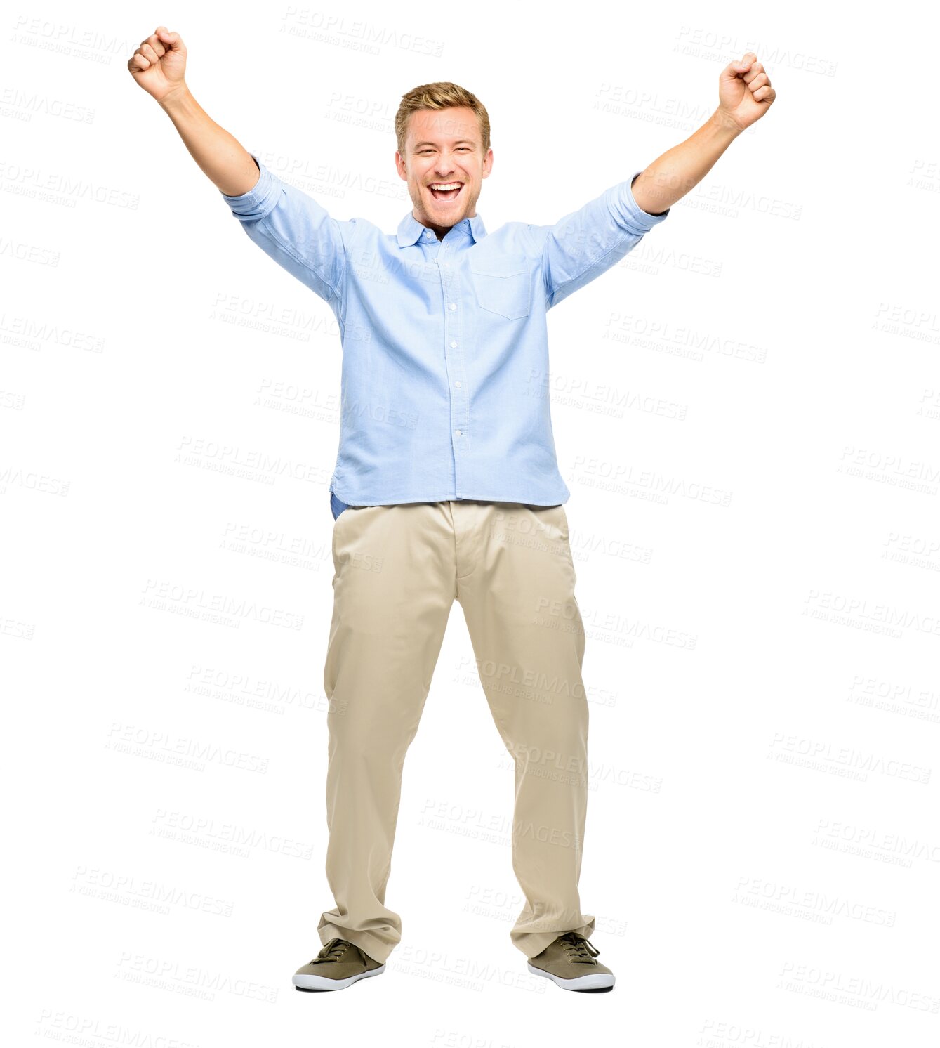 Buy stock photo Man is excited, arms up and winning with success and celebration in portrait isolated on transparent png background. Reward, bonus and fist pump with male person, happiness and celebrate achievement
