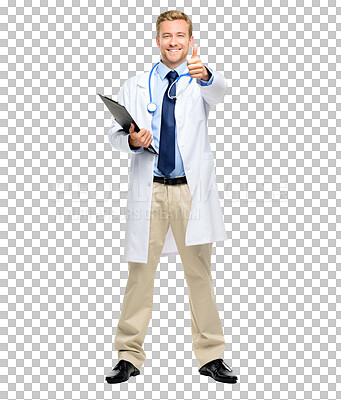 Buy stock photo Happy man, doctor and portrait with thumbs up in healthcare success isolated on a transparent PNG background. Male person or medical professional smile with thumb emoji, yes sign or like for approval