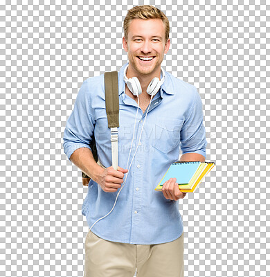 Buy stock photo Portrait, happy man and books for university, isolated on transparent png background with headphones and backpack. Education, college and male student with smile, opportunity and motivation to study.