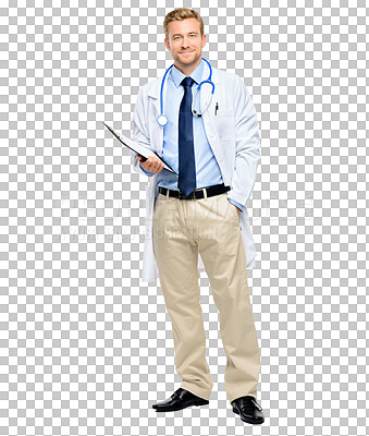 Buy stock photo Documents, doctor or portrait of happy man with smile isolated on transparent png background. Full body, consultant or confident medical worker smiling with clipboard note or research for wellness