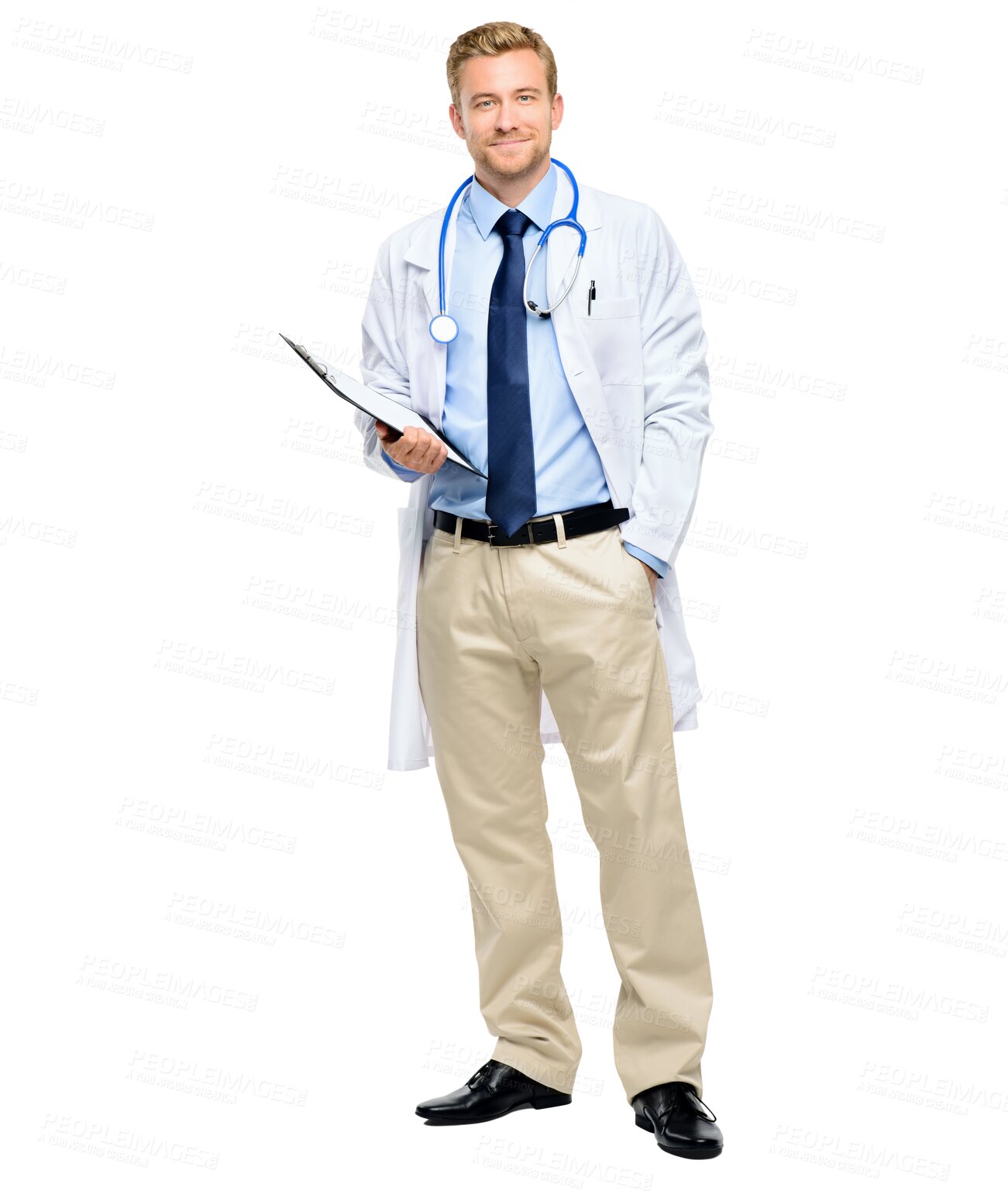 Buy stock photo Documents, doctor or portrait of happy man with smile isolated on transparent png background. Full body, consultant or confident medical worker smiling with clipboard note or research for wellness