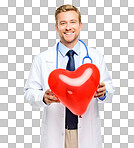 PNG of a handsome young doctor standing alone in the studio and holding a balloon heart