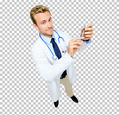 Buy stock photo Man, doctor and portrait with syringe for injection standing isolated on a transparent PNG background. Male person, medical or healthcare professional holding needle for vaccine, cure or flu shot