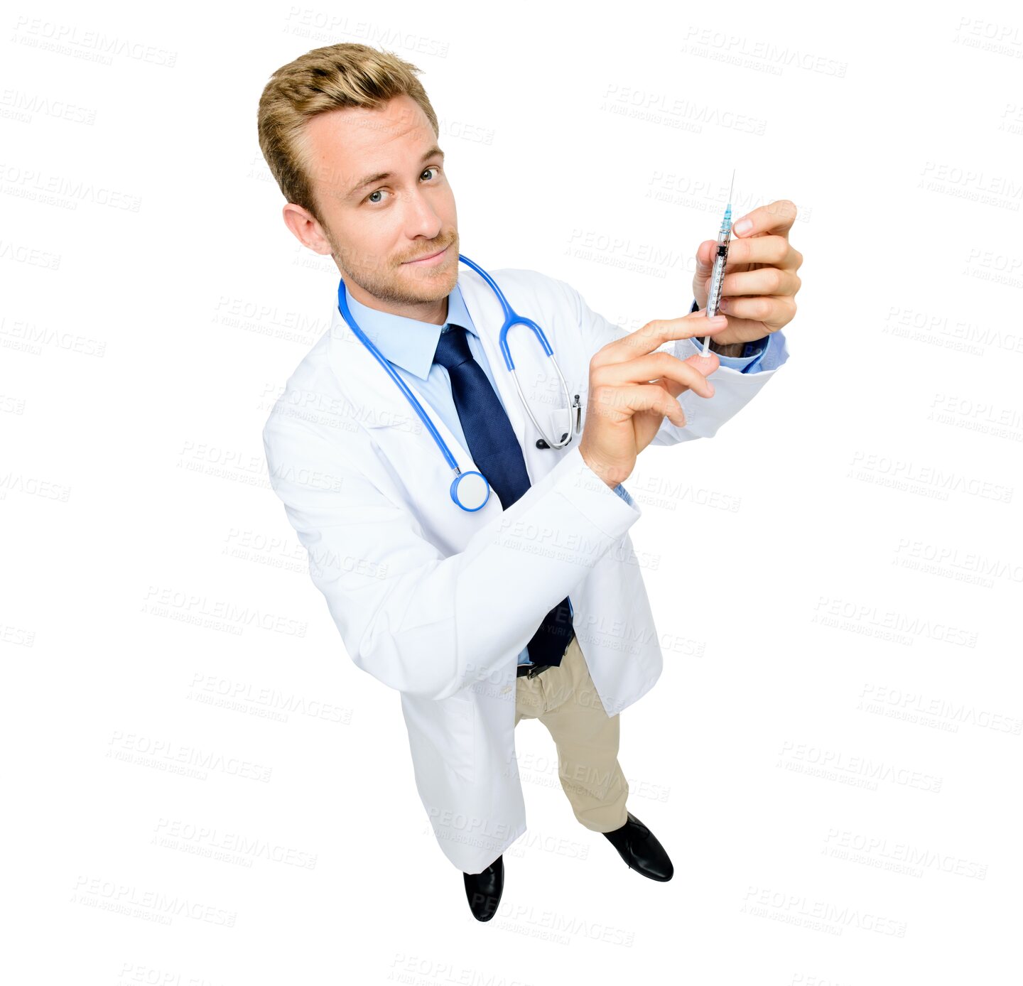 Buy stock photo Man, doctor and portrait with syringe for injection standing isolated on a transparent PNG background. Male person, medical or healthcare professional holding needle for vaccine, cure or flu shot