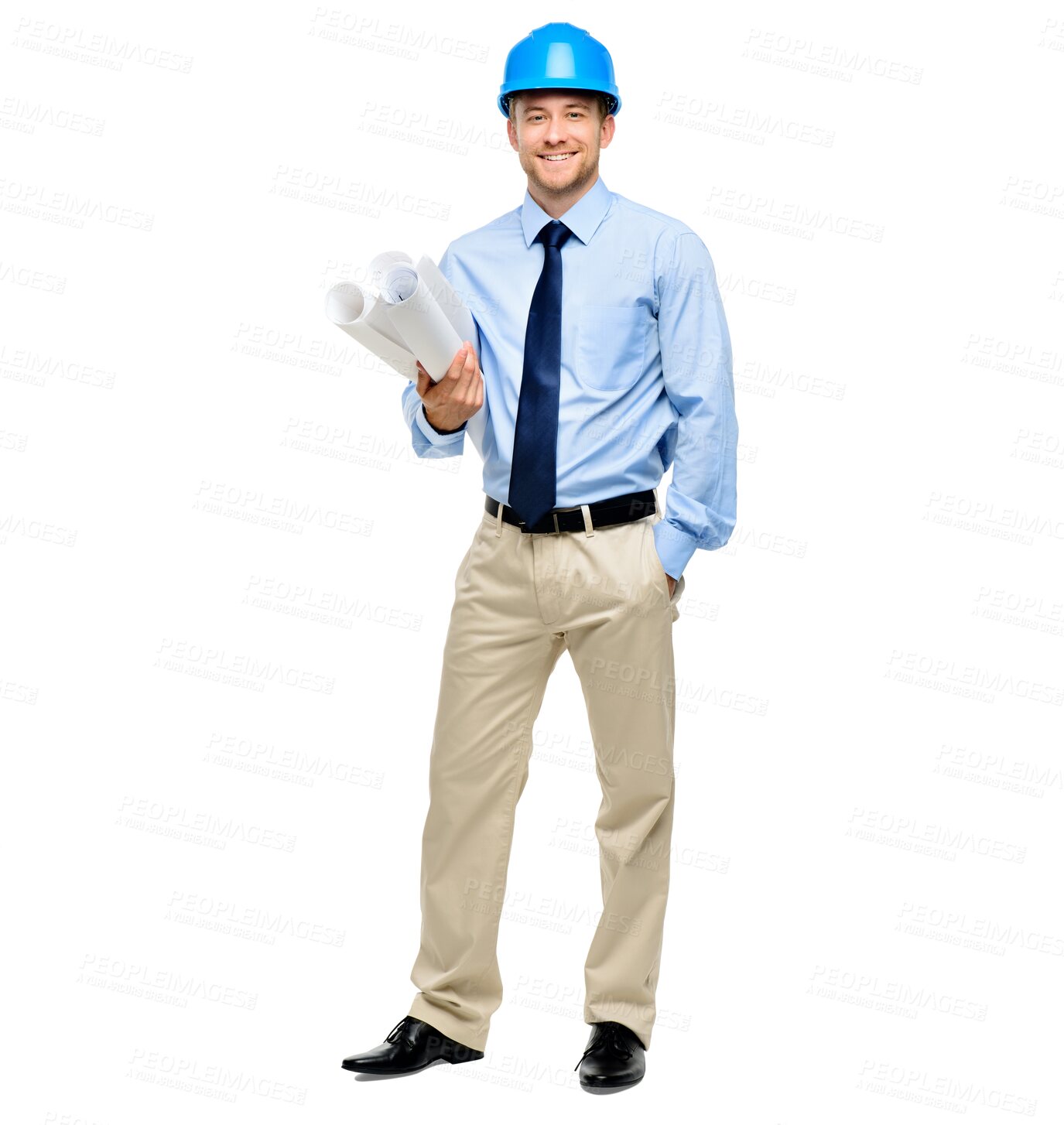 Buy stock photo Man, architect and portrait of smile with blueprint standing isolated on a transparent PNG background. Male person, engineer or contractor happy with documents for architecture or construction