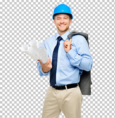 Buy stock photo Happy man, portrait and architect with blueprint for project construction isolated on a transparent PNG background. Male person, engineer or contractor smile with documents for architecture planning