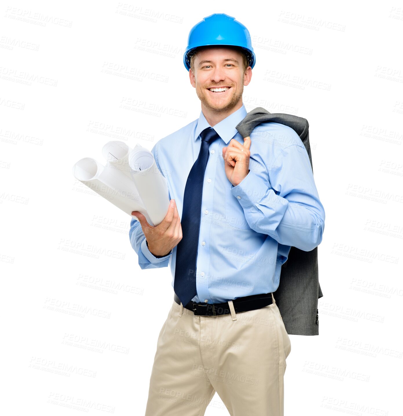 Buy stock photo Happy man, portrait and architect with blueprint for project construction isolated on a transparent PNG background. Male person, engineer or contractor smile with documents for architecture planning
