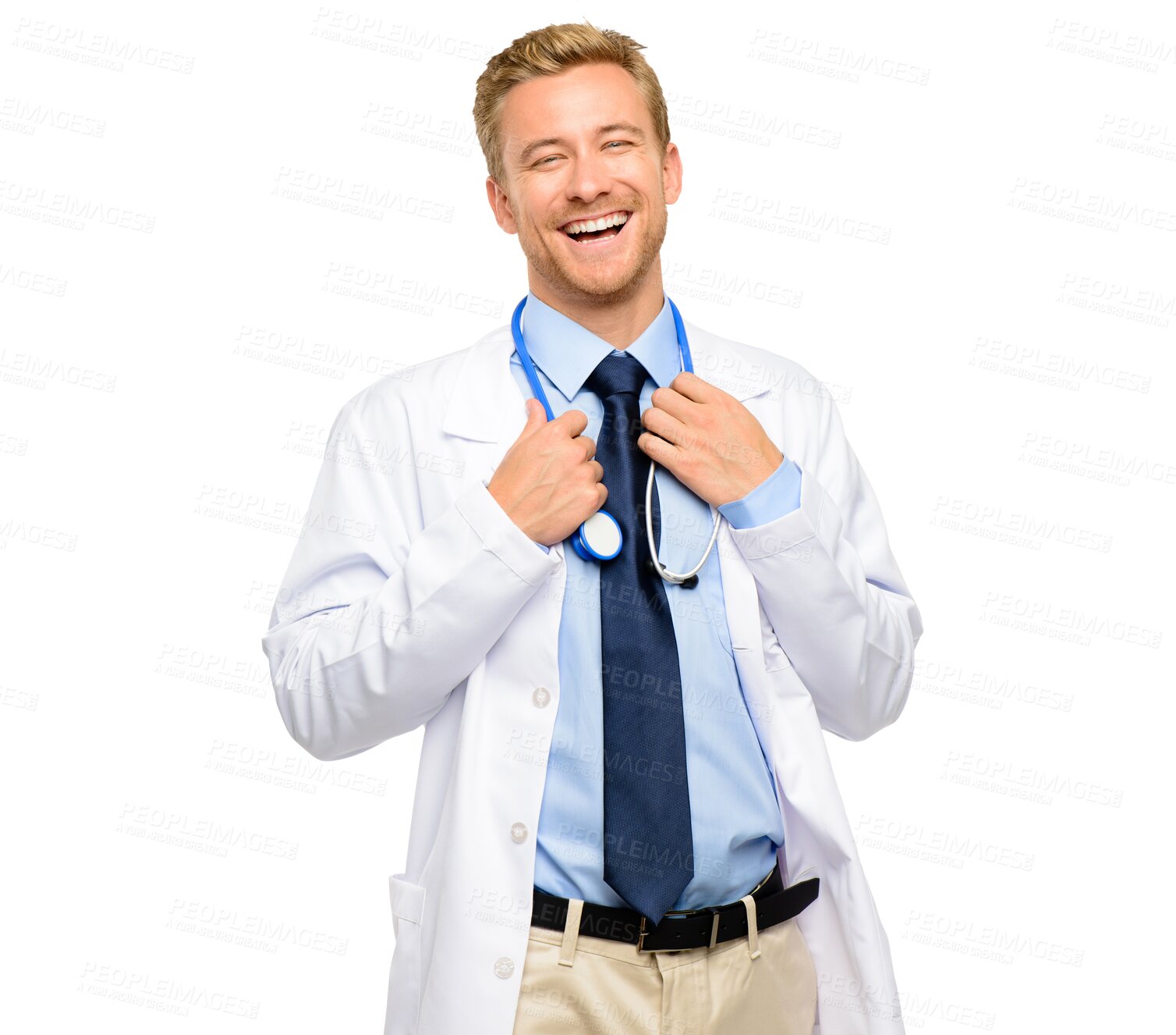 Buy stock photo Portrait, doctor or happy man laughing with confidence isolated on transparent png background. Funny face, proud health consultant or confident medical worker smile with a stethoscope for wellness