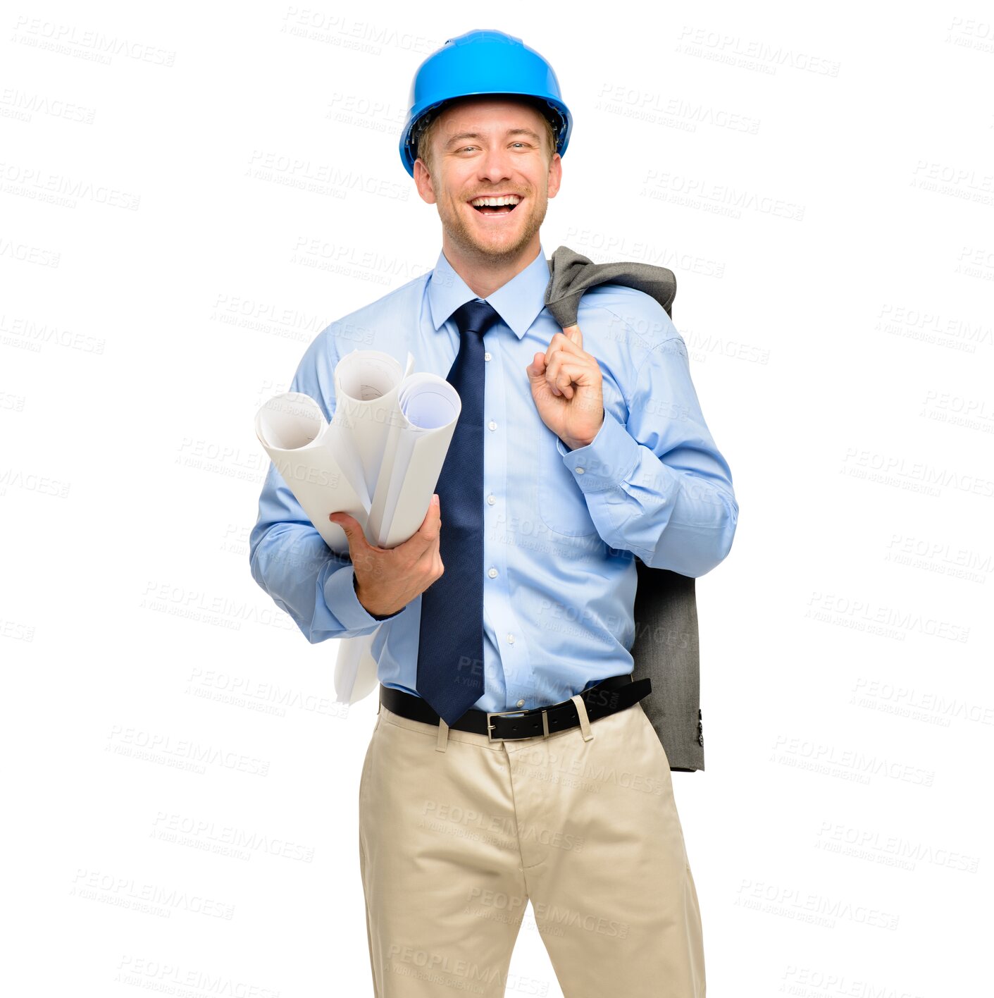 Buy stock photo Happy man, portrait and architect with blueprint for architecture isolated on a transparent PNG background. Male person, engineer or contractor smile and documents in project or construction planning