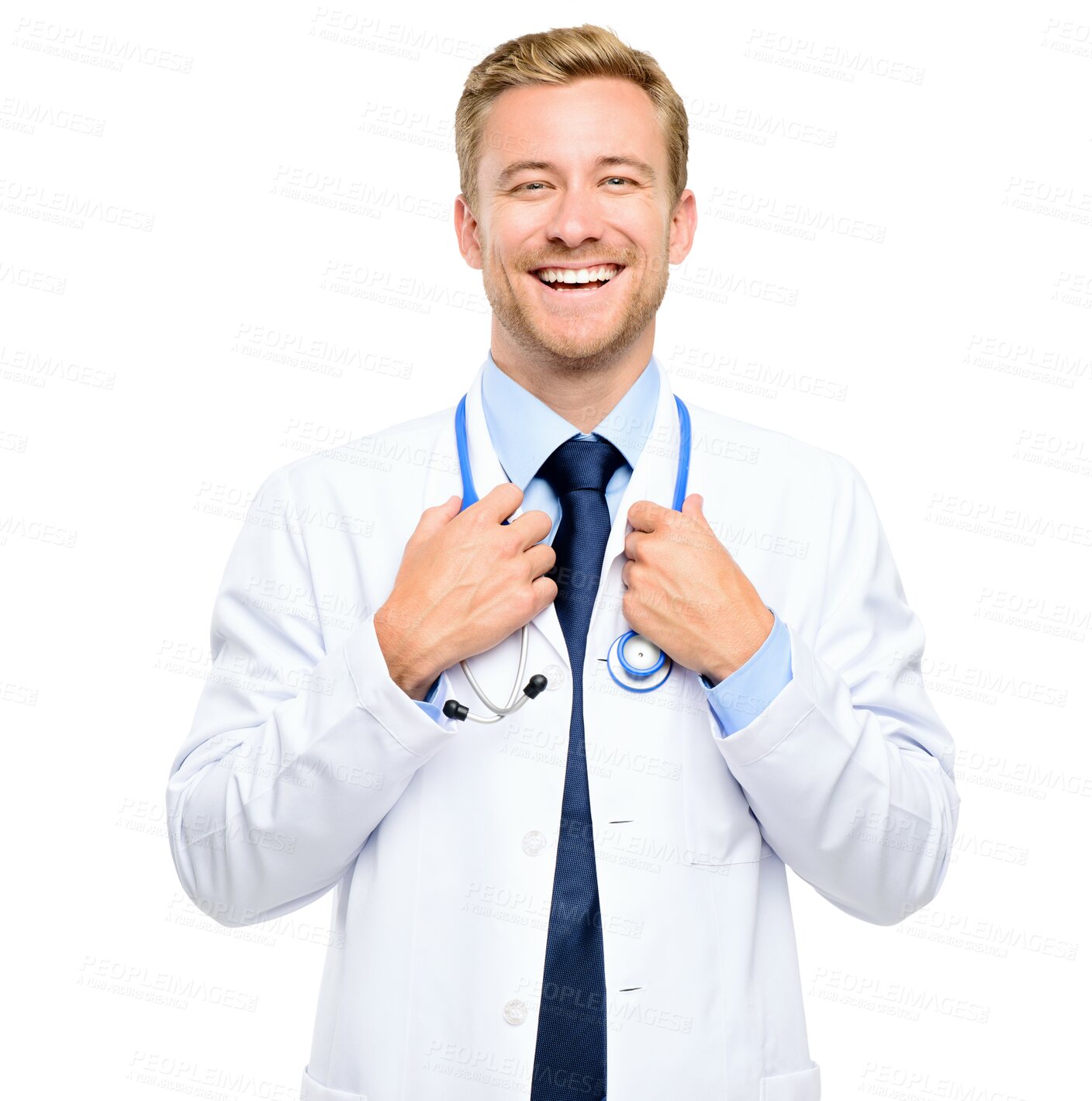 Buy stock photo Portrait, professional doctor or happy man laughing at joke isolated on transparent png background. Funny, proud consultant or face of confident medical worker smiling with a stethoscope for wellness