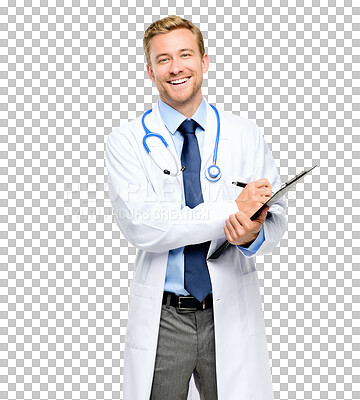 Buy stock photo Documents, doctor or portrait of happy man writing on clipboard isolated on transparent png background. Consultant, face or confident physician smiling with medical history or notes for wellness 