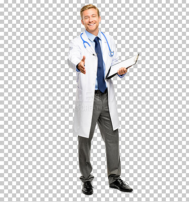 Buy stock photo Happy man, doctor and handshake for meeting or introduction isolated on a transparent PNG background. Portrait of male person, medical or healthcare professional shaking hands for agreement or deal