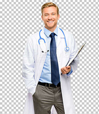 Buy stock photo Medical paperwork, doctor or portrait of happy man with smile isolated on transparent png background. Consultant, face or confident medical worker smiling with documents, files or notes for wellness