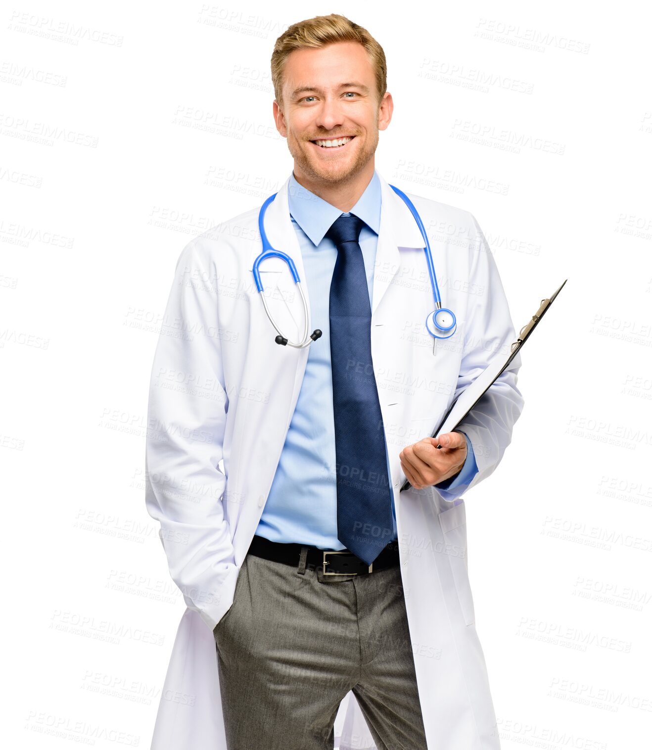 Buy stock photo Medical paperwork, doctor or portrait of happy man with smile isolated on transparent png background. Consultant, face or confident medical worker smiling with documents, files or notes for wellness