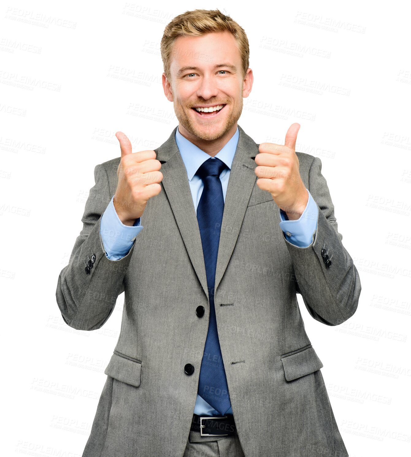 Buy stock photo Happy businessman, portrait and hands in thumbs up for success isolated on a transparent PNG background. Man, executive or employee smiling with thumb emoji, yes sign or like for business approval