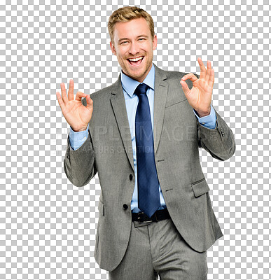 Buy stock photo Portrait, okay or happy businessman with smile, optimism or confidence isolated on transparent png background. Face, positive or confident manager smiling with ok sign, success or yes hand gesture