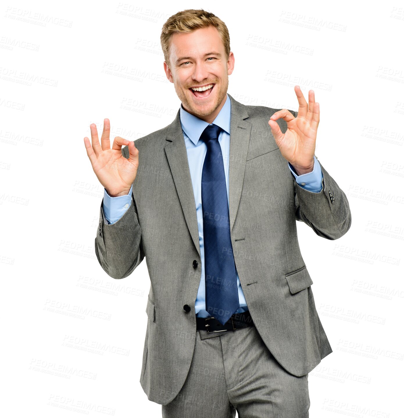 Buy stock photo Portrait, okay or happy businessman with smile, optimism or confidence isolated on transparent png background. Face, positive or confident manager smiling with ok sign, success or yes hand gesture