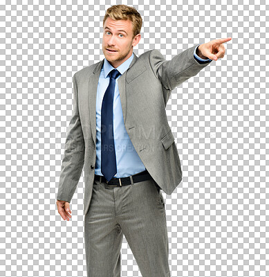 Buy stock photo Portrait of frustrated businessman pointing, isolated on transparent png background and anger with startup problem. Corporate fight, conflict and professional ceo man in suit with angry hand gesture.