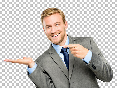 Buy stock photo Portrait, promotion or happy businessman with hand for deal isolated on transparent png background. Recommendations, pointing or entrepreneur showing news with product offer, announcement or smile 
