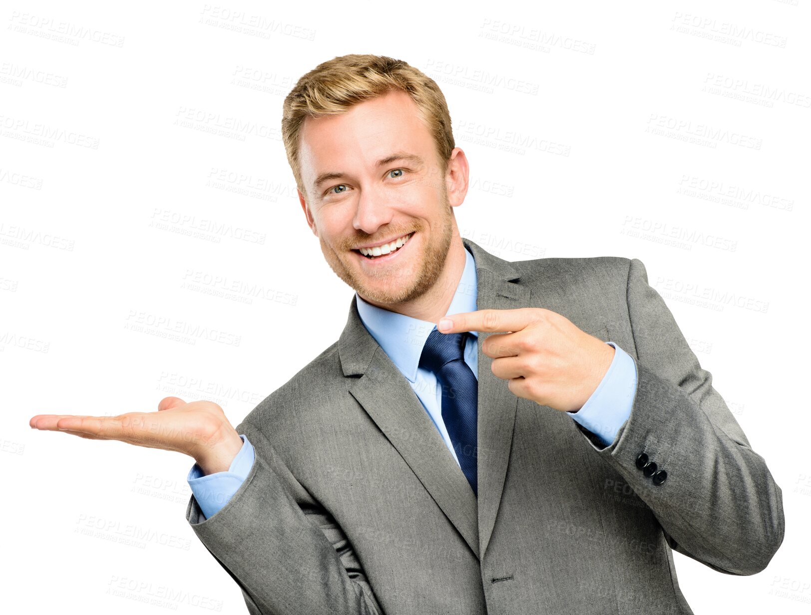Buy stock photo Portrait, promotion or happy businessman with hand for deal isolated on transparent png background. Recommendations, pointing or entrepreneur showing news with product offer, announcement or smile 