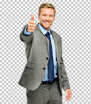 Buy stock photo Happy businessman, portrait and smile of thumbs up for success isolated on transparent PNG background. Young man, employee or smiling with thumb emoji, yes sign or like for business approval or agree