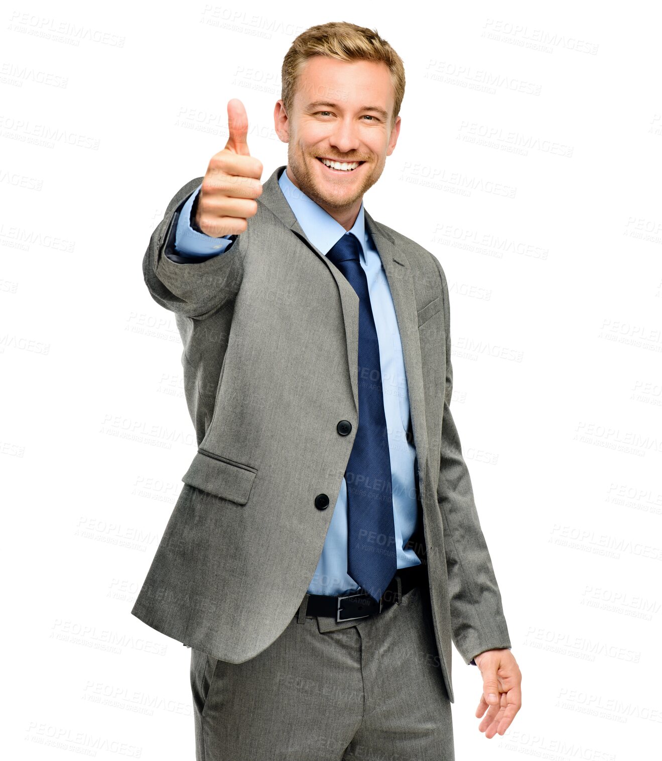 Buy stock photo Happy businessman, portrait and smile of thumbs up for success isolated on transparent PNG background. Young man, employee or smiling with thumb emoji, yes sign or like for business approval or agree