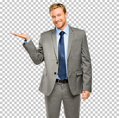 Buy stock photo Portrait, announcement or happy businessman with offer or deal isolated on transparent png background. Recommendations, information or entrepreneur showing news with hand gesture, promotion and smile