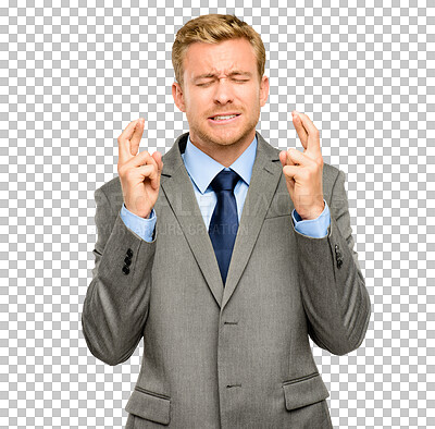 Buy stock photo Businessman, anxiety and fingers crossed for luck or hope isolated on a transparent PNG background. Face of nervous employee with finger cross in lottery lucky draw, giveaway prize or bonus promotion