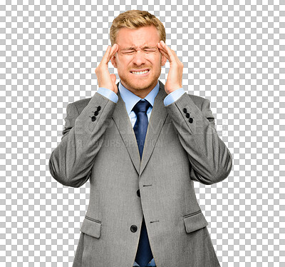 Buy stock photo Burnout, stress or businessman with a headache with head pain frustrated due to economic depression. Corporate, mistake or depressed employee with migraine isolated on transparent png background 