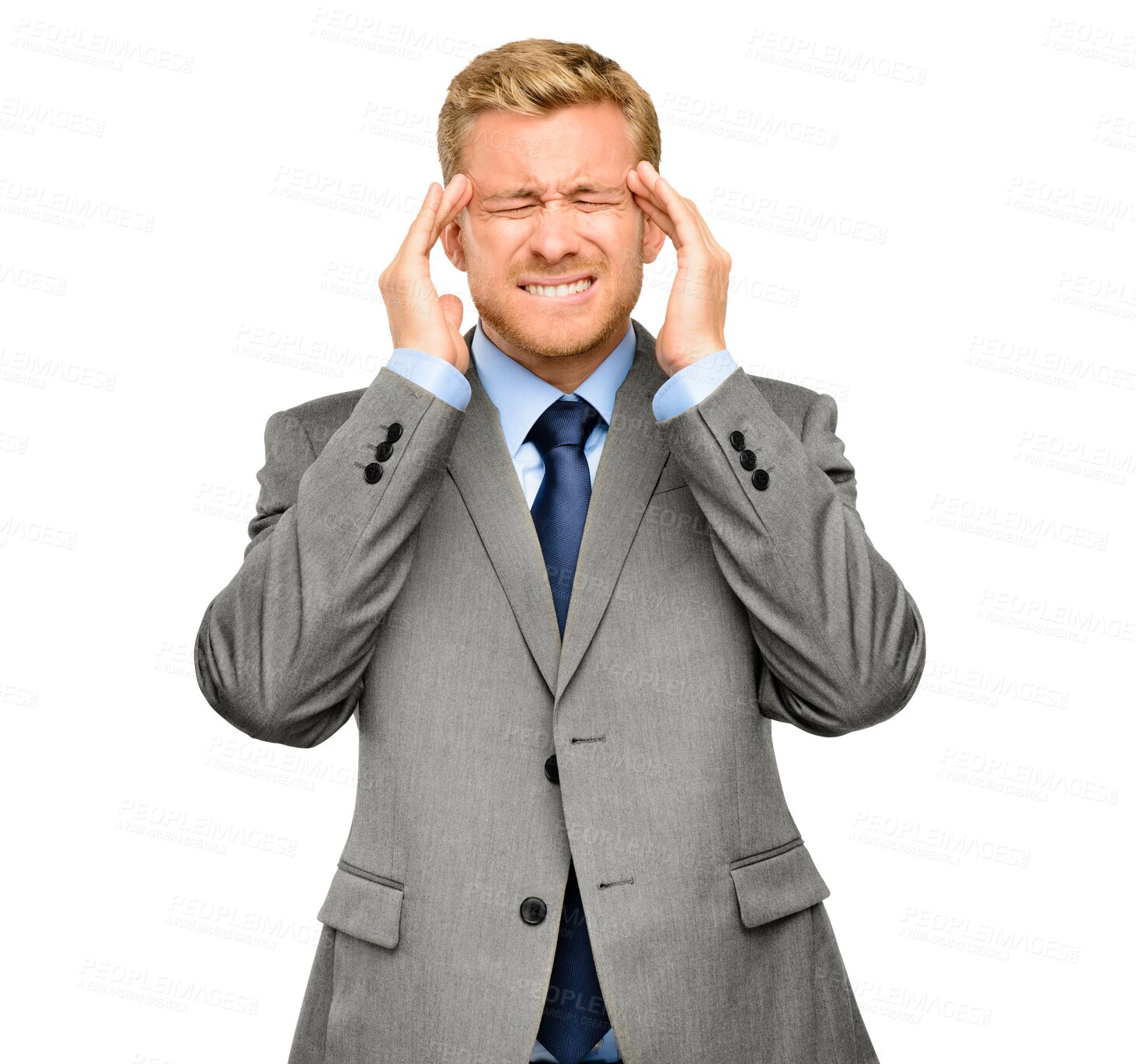 Buy stock photo Burnout, stress or businessman with a headache with head pain frustrated due to economic depression. Corporate, mistake or depressed employee with migraine isolated on transparent png background 