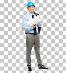 PNG Full length shot of a handsome young contractor standing alone in the studio and holding blueprints