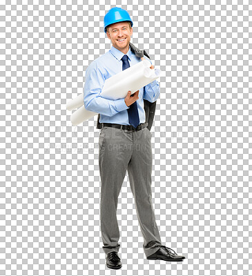 Buy stock photo Portrait of businessman, architect with blueprint isolated on transparent png background in smile and helmet. Architecture, engineering contractor and expert design, happy man with planning documents