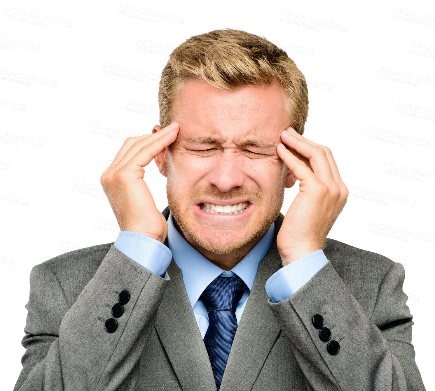 Buy stock photo Depression, stress or businessman with headache or head pain frustrated due to financial or economy crisis. Face, bad mistake or depressed worker with migraine isolated on transparent png background