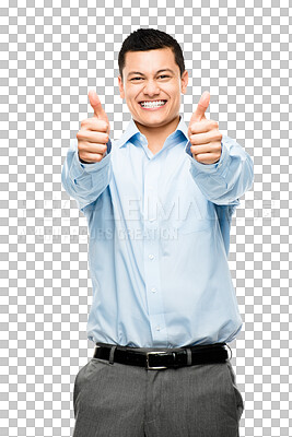 Buy stock photo Thumbs up, success and portrait of business Asian man on isolated, PNG and transparent background. Professional, celebration and excited male person with hand sign for agreement, approval and yes