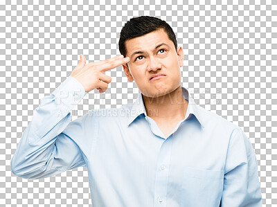 Buy stock photo Stress, businessman and gun gesture with hand, mental health crisis and isolated on transparent png background. Anxiety, burnout and depression, frustrated Asian man with doubt and anger problem.