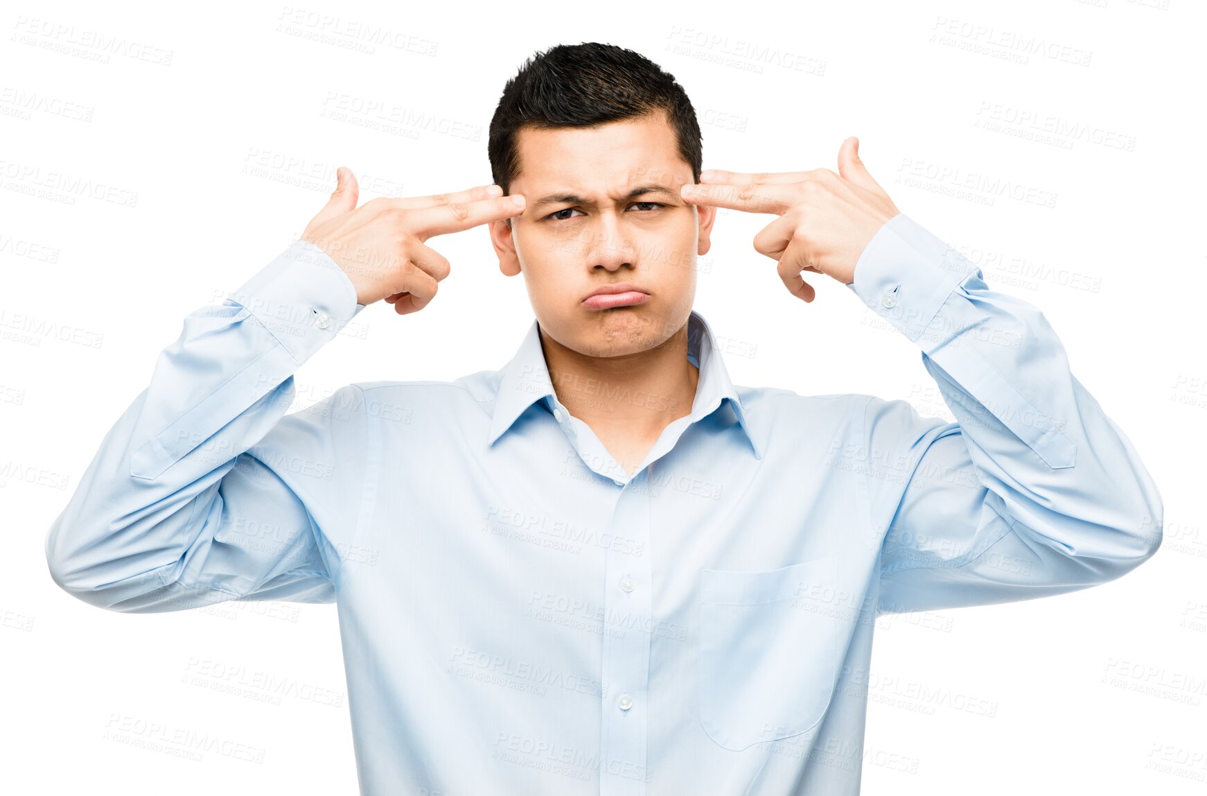 Buy stock photo Portrait of man with stress, gun gesture and hands on head isolated on transparent png background for mental health. Anxiety, burnout and work crisis, frustrated businessman with anger and depression