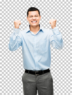 Buy stock photo Winner, celebration and portrait of business Asian man on isolated, PNG and transparent background. Professional, success and excited male person cheering for winning bonus, profit and promotion