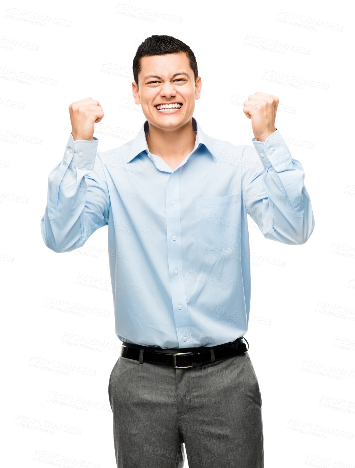 Buy stock photo Winner, celebration and portrait of business Asian man on isolated, PNG and transparent background. Professional, success and excited male person cheering for winning bonus, profit and promotion