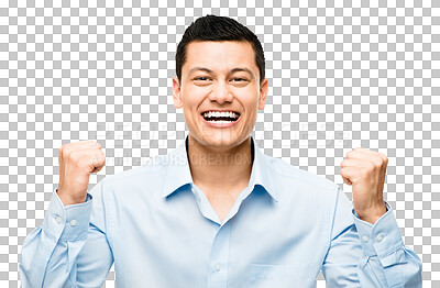 Buy stock photo Winner, happy and portrait of business Asian man on isolated, PNG and transparent background. Excited, celebration and professional male person cheering for winning bonus, profit success and surprise