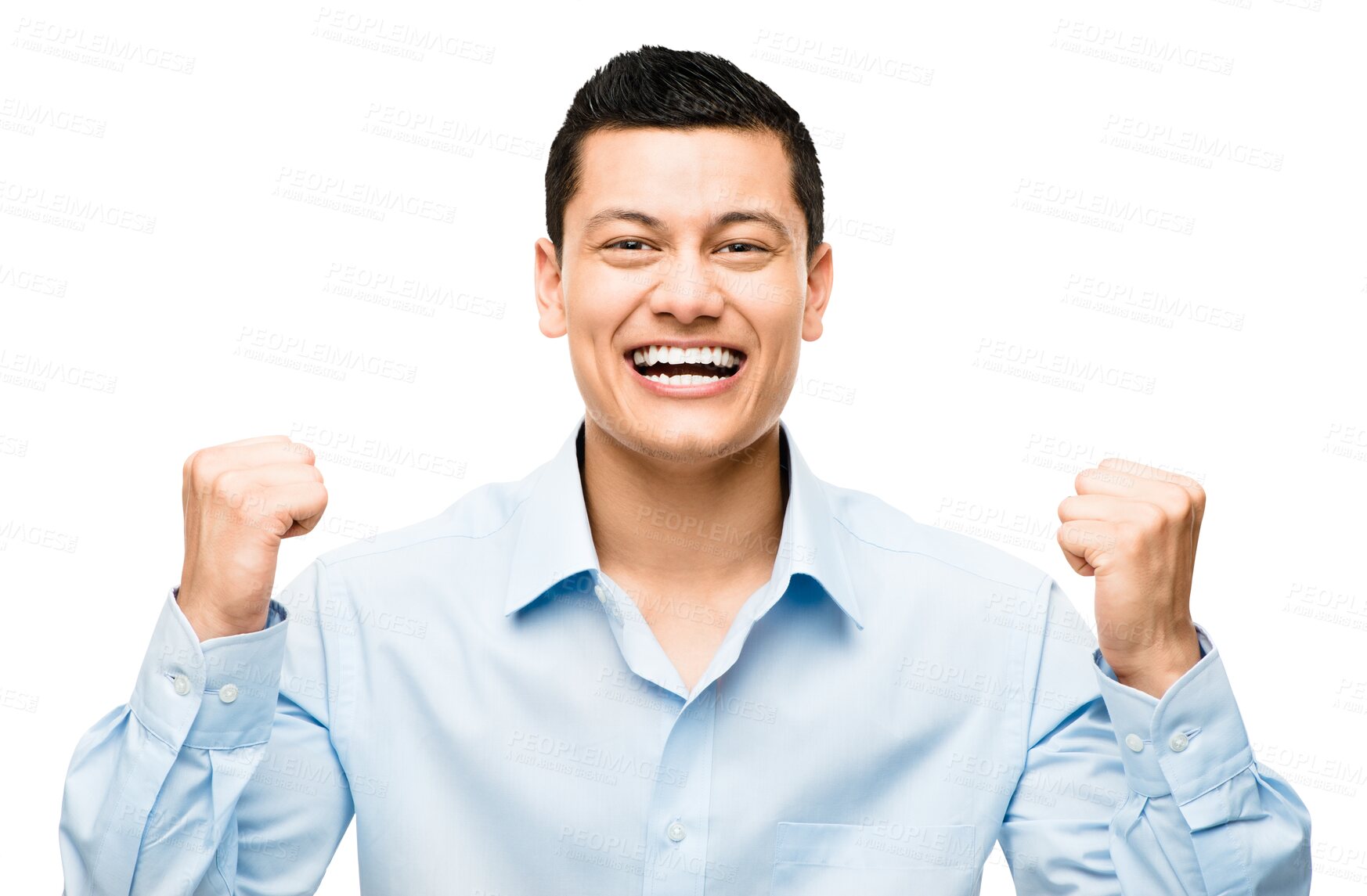 Buy stock photo Winner, happy and portrait of business Asian man on isolated, PNG and transparent background. Excited, celebration and professional male person cheering for winning bonus, profit success and surprise