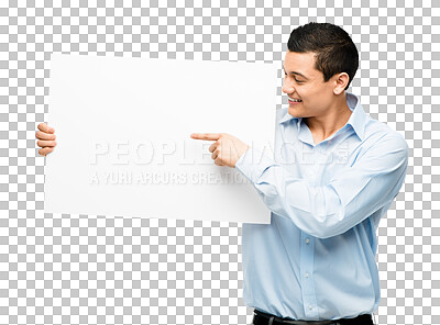 Buy stock photo Billboard, poster and business man pointing on isolated, PNG and transparent background. Professional worker, marketing and happy male person with placard for branding, advertising and promotion