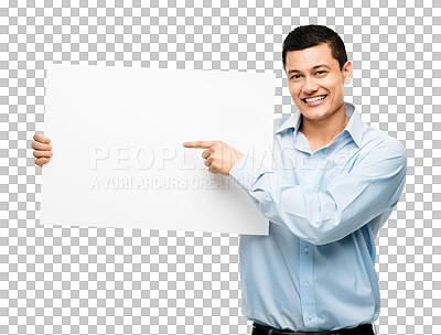 Buy stock photo Pointing, poster and portrait of business man on isolated, PNG and transparent background. Professional, marketing and happy male person with placard or banner for branding, advertising and promotion