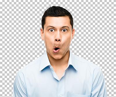 Buy stock photo Silly, goofy and portrait of a man with a funny face for comedy, joke or comic expression. Crazy, playful and headshot of an Asian male model with humor isolated by a transparent png background. 