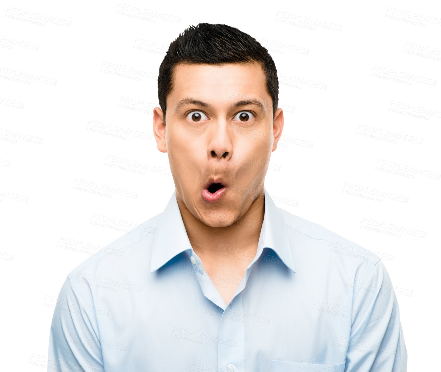 Buy stock photo Silly, goofy and portrait of a man with a funny face for comedy, joke or comic expression. Crazy, playful and headshot of an Asian male model with humor isolated by a transparent png background. 